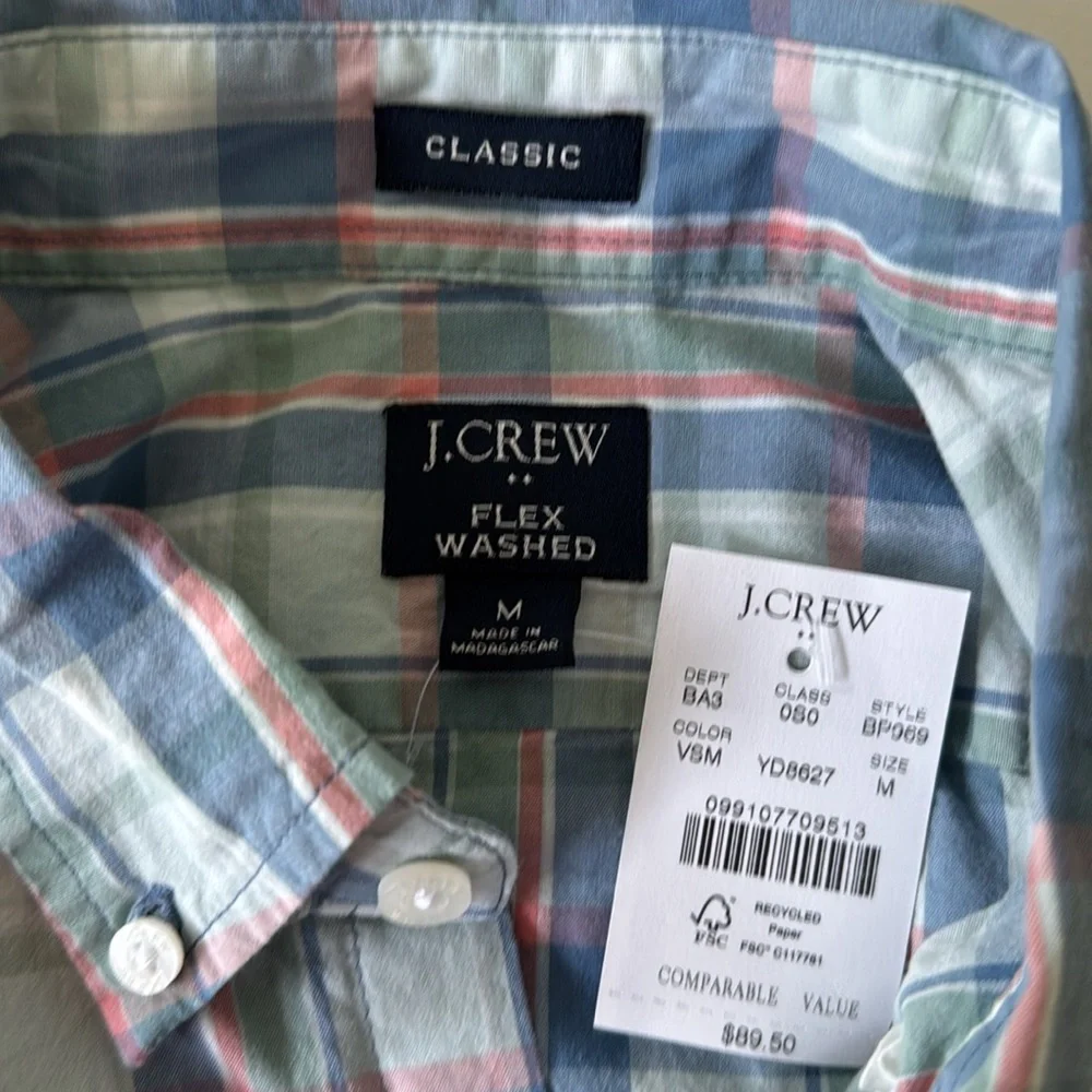 NWT J.CREW button down shirt size M blue green plaid cotton classic flex washed